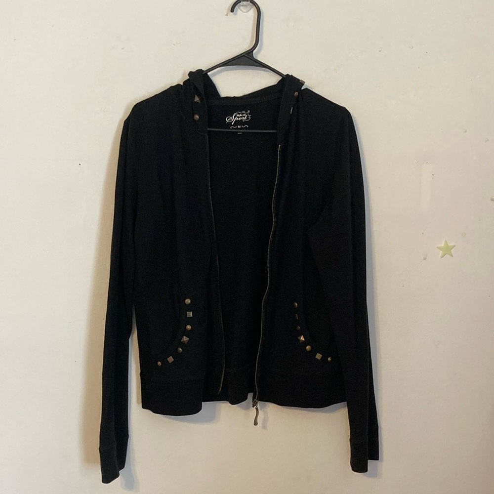 Black full zip sweatshirt M with bronze color metal detail on hood and pockets
